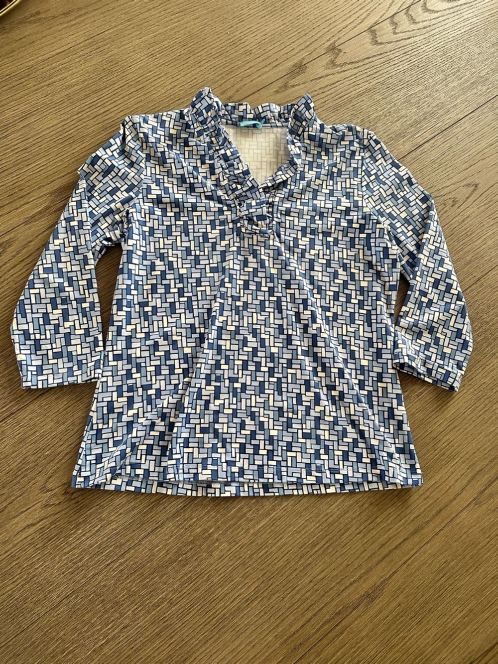 J. McLaughlin Navy Geometric Top – Ruffle Neck, Preppy Chic